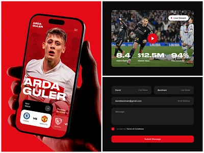 Mobile Sports App — Player Profile UI & Live Match Experience app design dark mode ui figma design football app football ui interaction design ios live stream ui mobile app design mobile ui player profile product design red theme sports app sports design ui ux