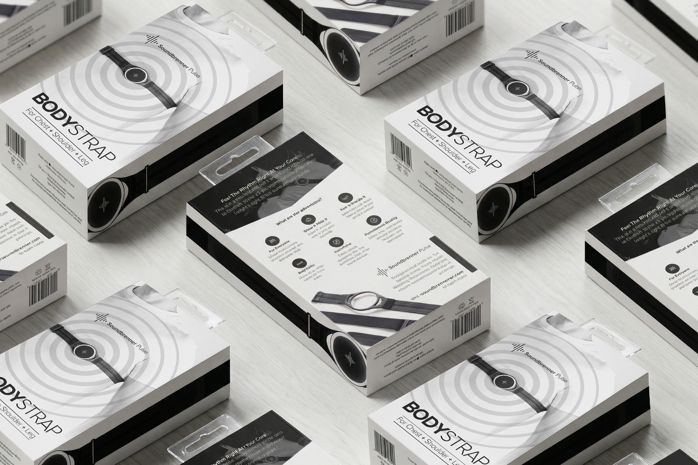 Soundbrenner Pulse Packaging - Tech Product Box Design beat box branding clean creative design drum graphic design label modern music packaging design print professional pulse strap watch wave
