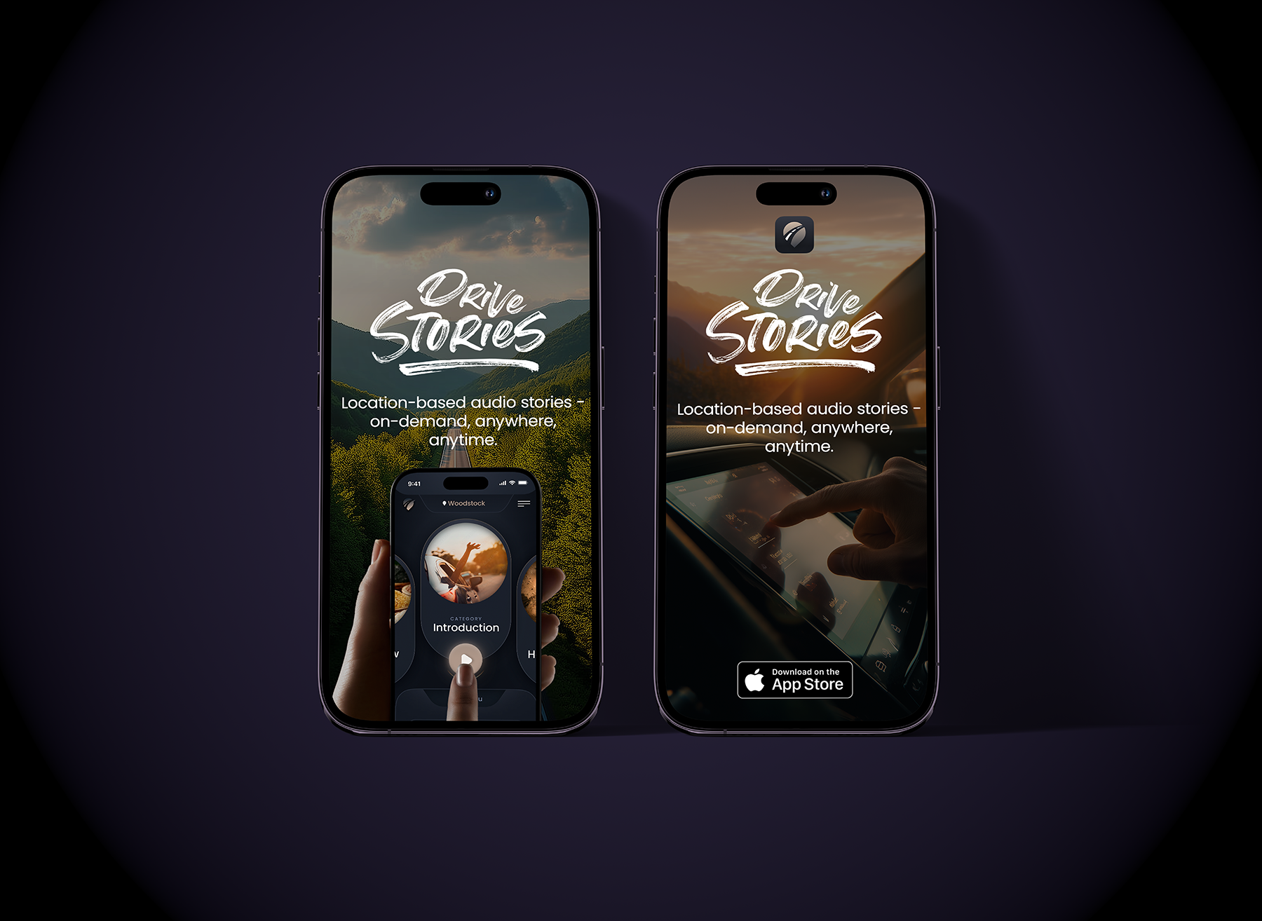 Drive Stories - Travel Audio App app audio automotive design drive stories interactive interface road roadtrip stories travel trip ui