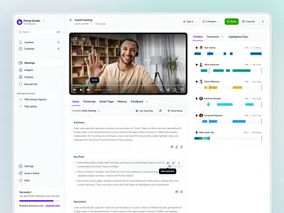Call Wave – Kickoff Meeting Overview Page aiassistant aitools dashboardui googlemeet meeting interactiondesign meetingnotes meetingtools minimalui nextgenai productdesign productivityapp recordcall remortwork saasdesign smartassistant uxuidesign videocallapp webappdesign workflowoptimization zoom