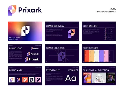 Prixark Logo & Brand Guidelines - P letter logo abstract logo arrow progress growth brand guidelines brand identity branding geometric letterform gradient logo letter p logo logo logo design logo designer logo guidelines modern logo p icon p mark print spark logo tech sass ai spark agency timeless logo visual identity