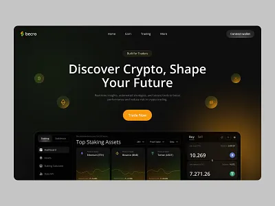 Crypto Landing app branding chart coins crypto dark design graphic design green icons illustrations landing nft orange ui uiux visual wallet