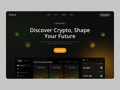 Crypto Landing app branding chart coins crypto dark design graphic design green icons illustrations landing nft orange ui uiux visual wallet