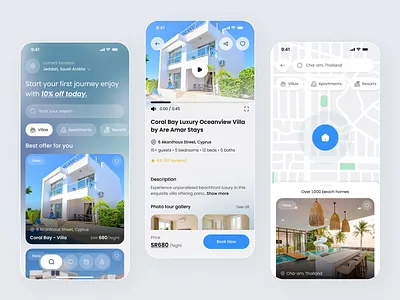 Travel App Design Concept booking app clean ui gradient ui hotel booking iphone ui map design mobile mobile app design mobile ui modern app property rental resort booking travel app travel design travel ui ui design vacation app villa booking