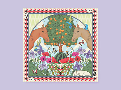 ANZ - Garden of Palestine Scarf artisanal print bandana pattern elegant style fabric design fashion accessory design german craftsmanship hand drawn pattern heritage brand design heritage design luxury branding minimal illustration modern vintage navy palette procreate illustration scarf artwork soft tone swan motif timeless pattern vintage textile watercolor art