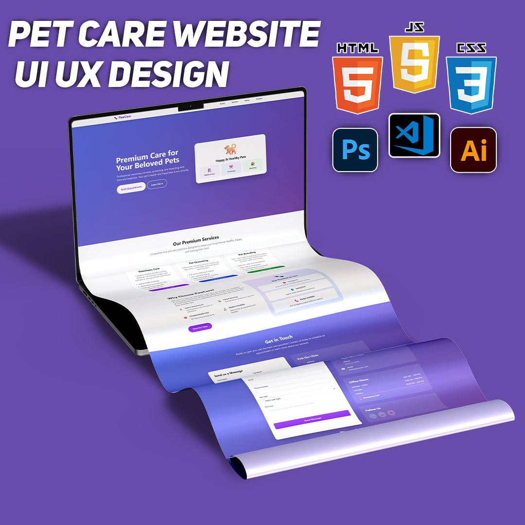 Pet Care Website UI UX Design branding css3 graphic design html5 javascript landing page design ui ux design web design website design