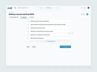 Drag and Drop Meeting Agenda agenda ai button drag drop forms header list tabs ui