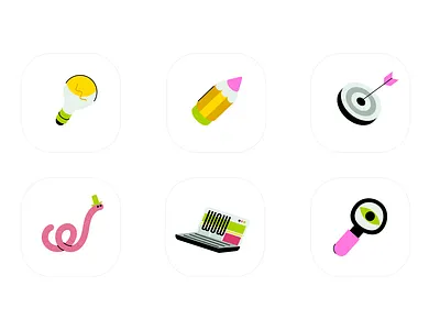 Illustrated Icons 2d branding design graphic design iconography icons illustration laptop lightbulb loupe pen symbol target ui vectorart worm