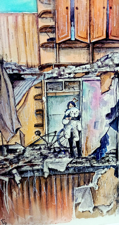 Original Ukrainian War Watercolor Painting –Woman near Ruins – art hand painted handmade illustration paint painting ruins ukraine war woman