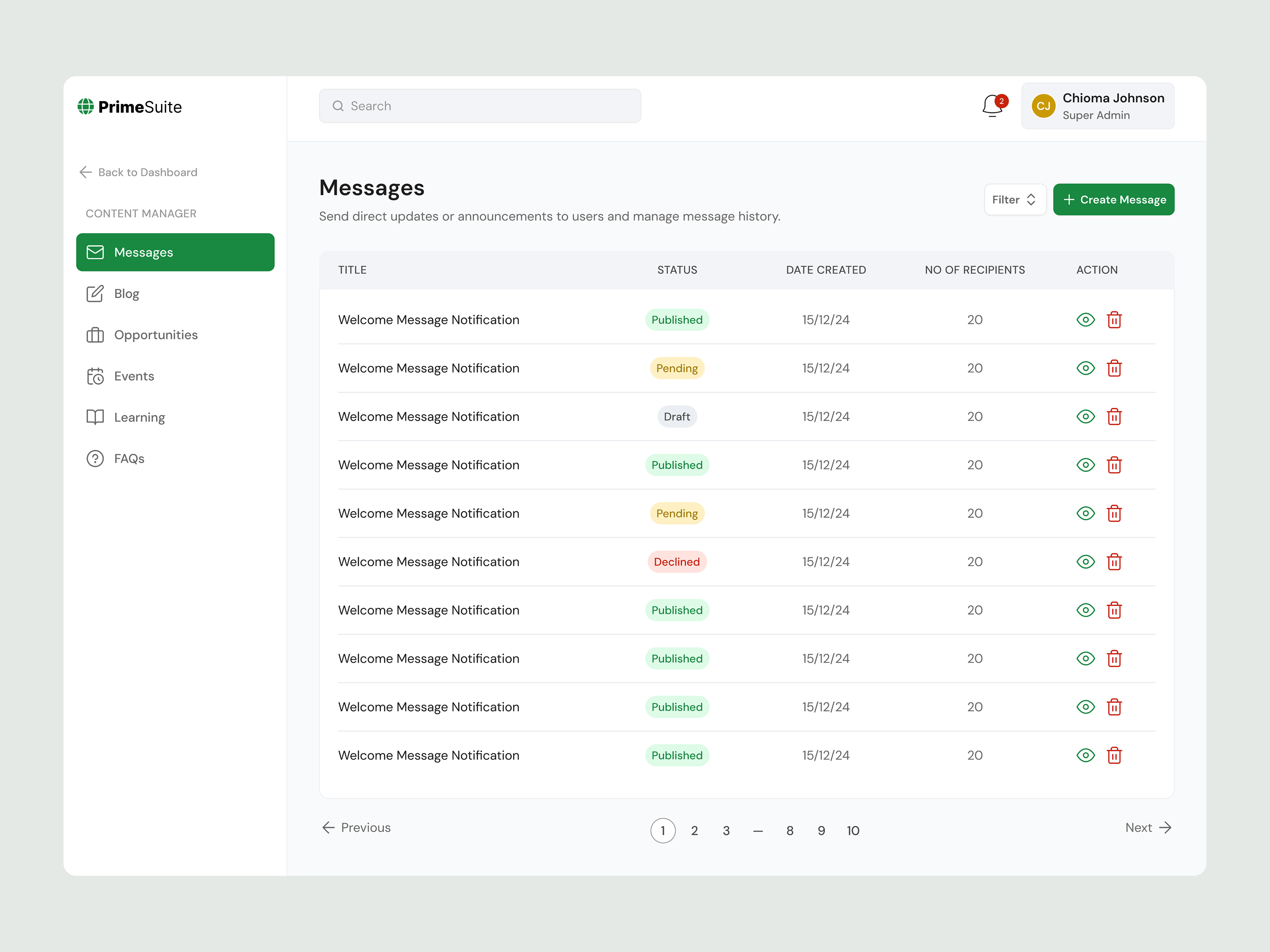 PrimeSuite Content Manager - Admin Dashboard admin admin dashboard button content content manager create dashboard design label landing page messages product design search status table tags ui upload ux website