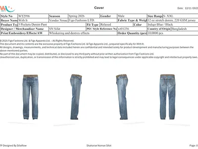 Industry-Standard Tech Pack for 5-Pocket Denim Pants 5 pocket denim apparel development denim bom denim details denim fit specs denim pattern denim tech pack denim washing factory ready tech pack garment specification indigo denim measurement sheet production documents rmg tech pack sewing construction