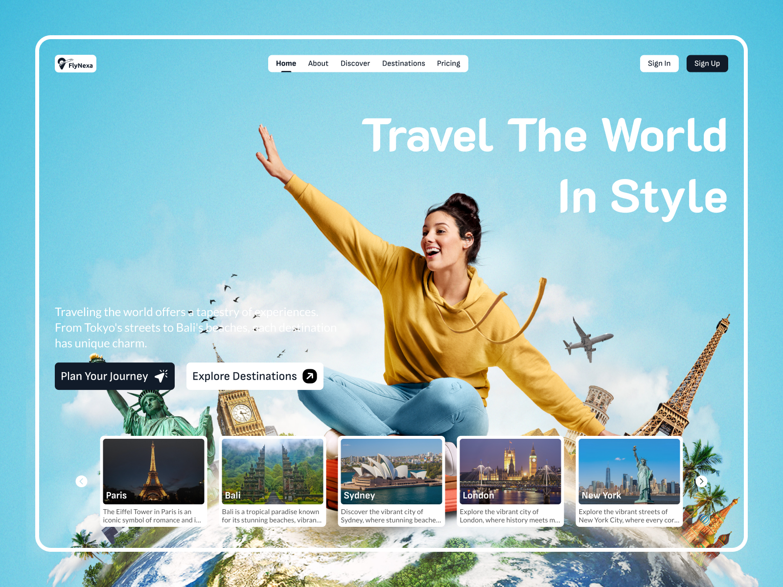 FlyNexa Travel Landing Page — Explore The World In Style ✨ aspiration booking clean design concept design destinations digital design figma hero section landing page minimal ui product design saas travel app travel website typography ui design ux design vibrant web design website