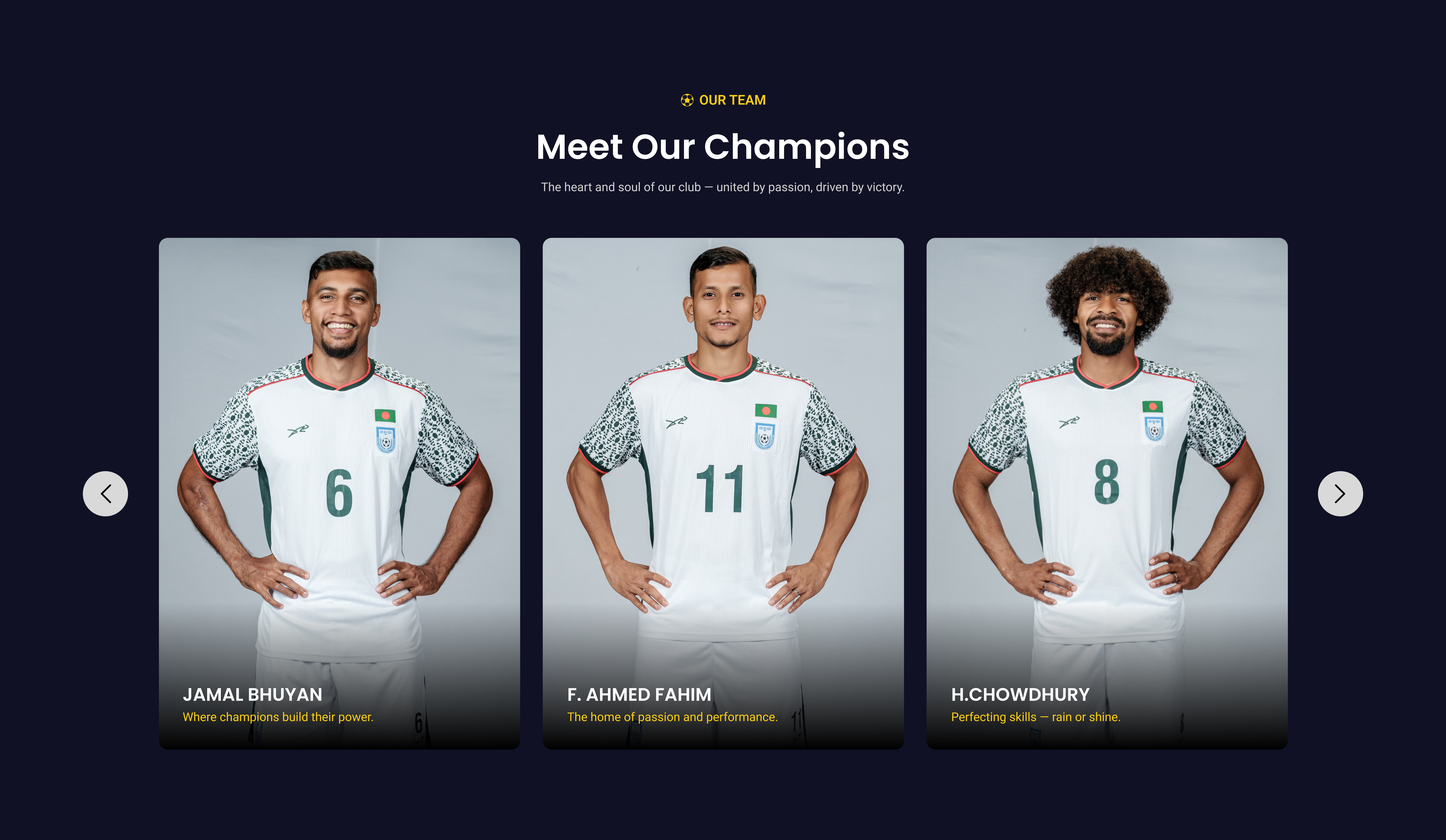 Meet the Champions: Roster UI Design & Interactive Prototype animation darktheme design figma football interfacedesign mobile app design prototype section sports team section teamroster ui uiux uiux design video web webdesign website desigb