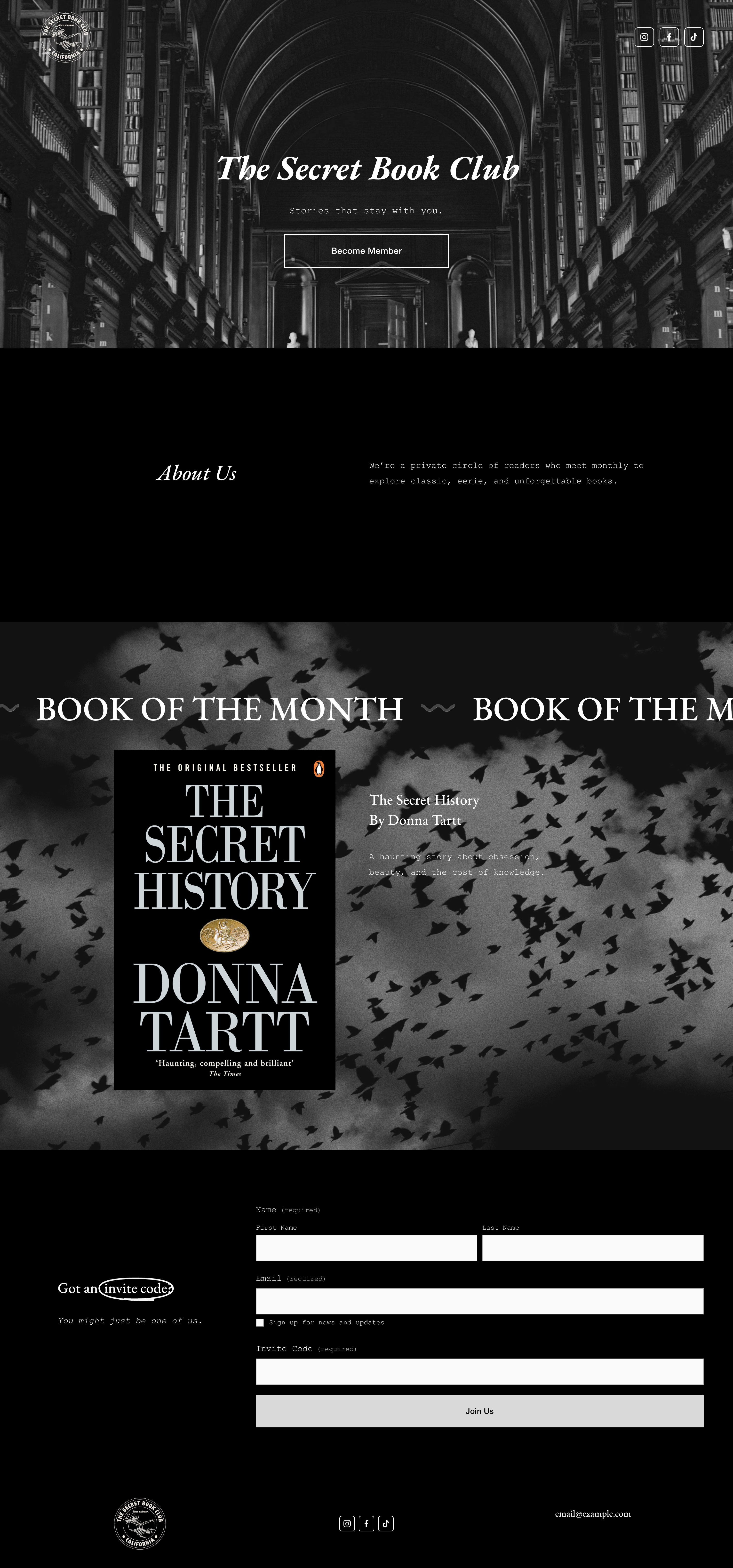 The Secret Book Club landing page no code website squarespace web design