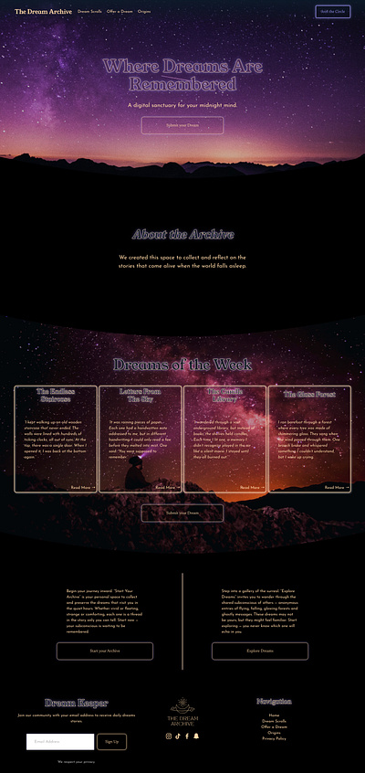 The Dream Archive landing page squarespace web design