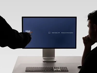 Finger pointing at a Studio Display with a team member 3d creative finger graphic design grey illustration lighting minimal minimalism office photo photography pointer pointing studio tap thinking