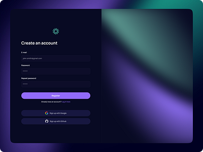 Create an account, dark mode ai clean design create an account dark mode dashboard gradients register ui ux