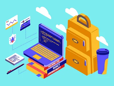 Front End Web Developer Tools backpack cloud coffee cup color block flat style front end developer isometric laptop notes softward