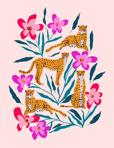 Modern cute cheetahs with orchids blooms abstract animal bloom cheetah cute flowers illustration jungle leaves leopard palm pink safari tiger tropical