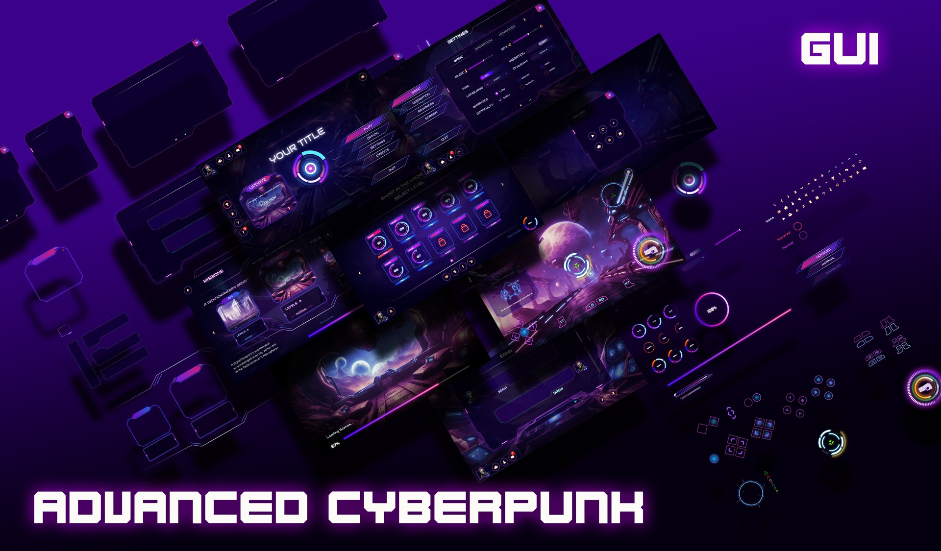 Advanced Cyberpunk GUI button pack buttons cyberpunk futuristic game ui hi tech icons interface sci fi scifi scifi ui ui