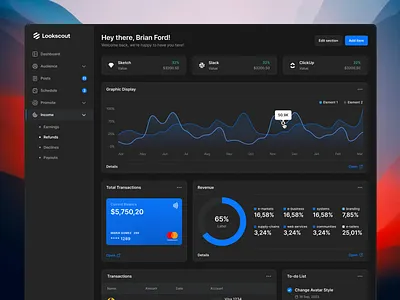 Dark Dashboard - Lookscout Design System clean dark dashboard design layout saas ui user interface ux web application webapp
