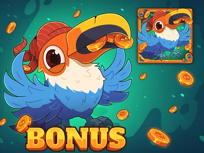 Countless Treasures: Slot Illustration #3 adobe illustration art bird bonus cartoon character character design character illustration coin cut design graphic design green illustration mascot designer parrot pelican pirate slot art vector