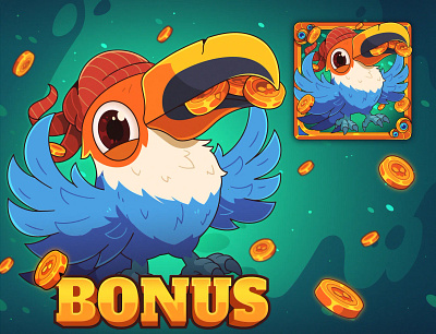 Countless Treasures: Slot Illustration #3 adobe illustration art bird bonus cartoon character character design character illustration coin cut design graphic design green illustration mascot designer parrot pelican pirate slot art vector