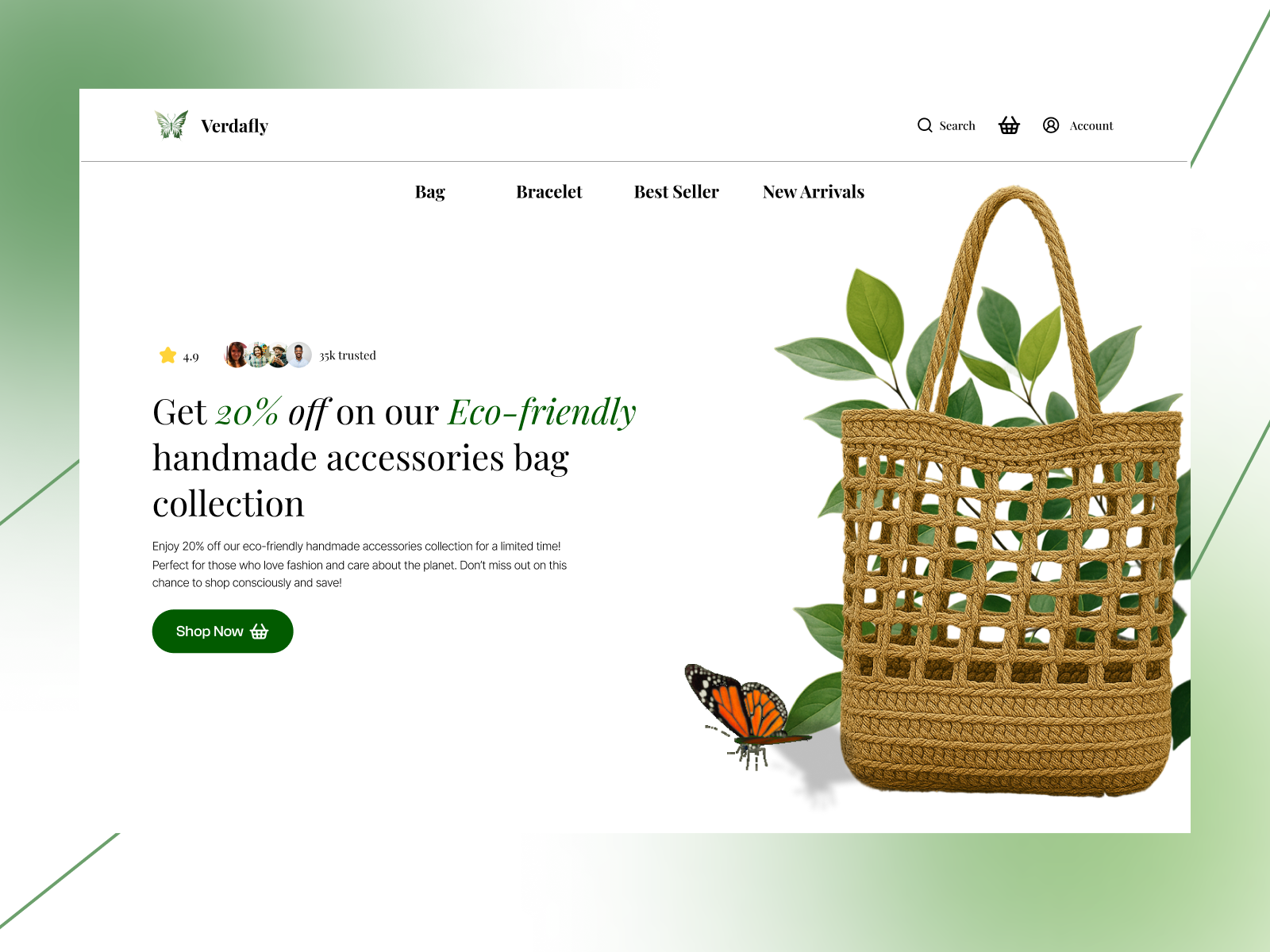 Verdafly – Eco-Friendly E-Commerce Website Design branddesign conversiondesign dribbble ecofriendly ecommerce fashionbrand figma landingpage minimal mockup shopifydesign uiux uxdesign webdesign webdesignuiux