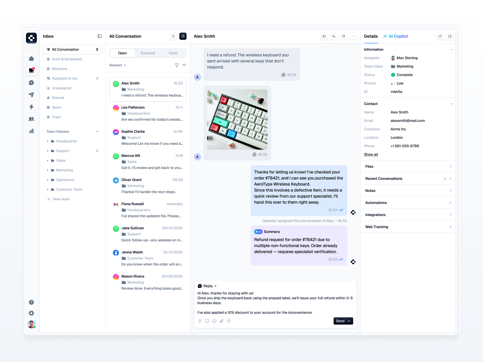 Cosmo - Customer Support Dashboard (Unified Inbox) ai agent button chat conversation crm customer service customer support dashboard email help desk inbox marketing messages omnichannel sales send sidebar social media ticket ui design