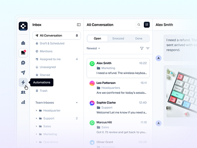 Cosmo - Customer Support Dashboard (Unified Inbox) ai agent button chat conversation crm customer service customer support dashboard email help desk inbox marketing messages omnichannel sales send sidebar social media ticket ui design