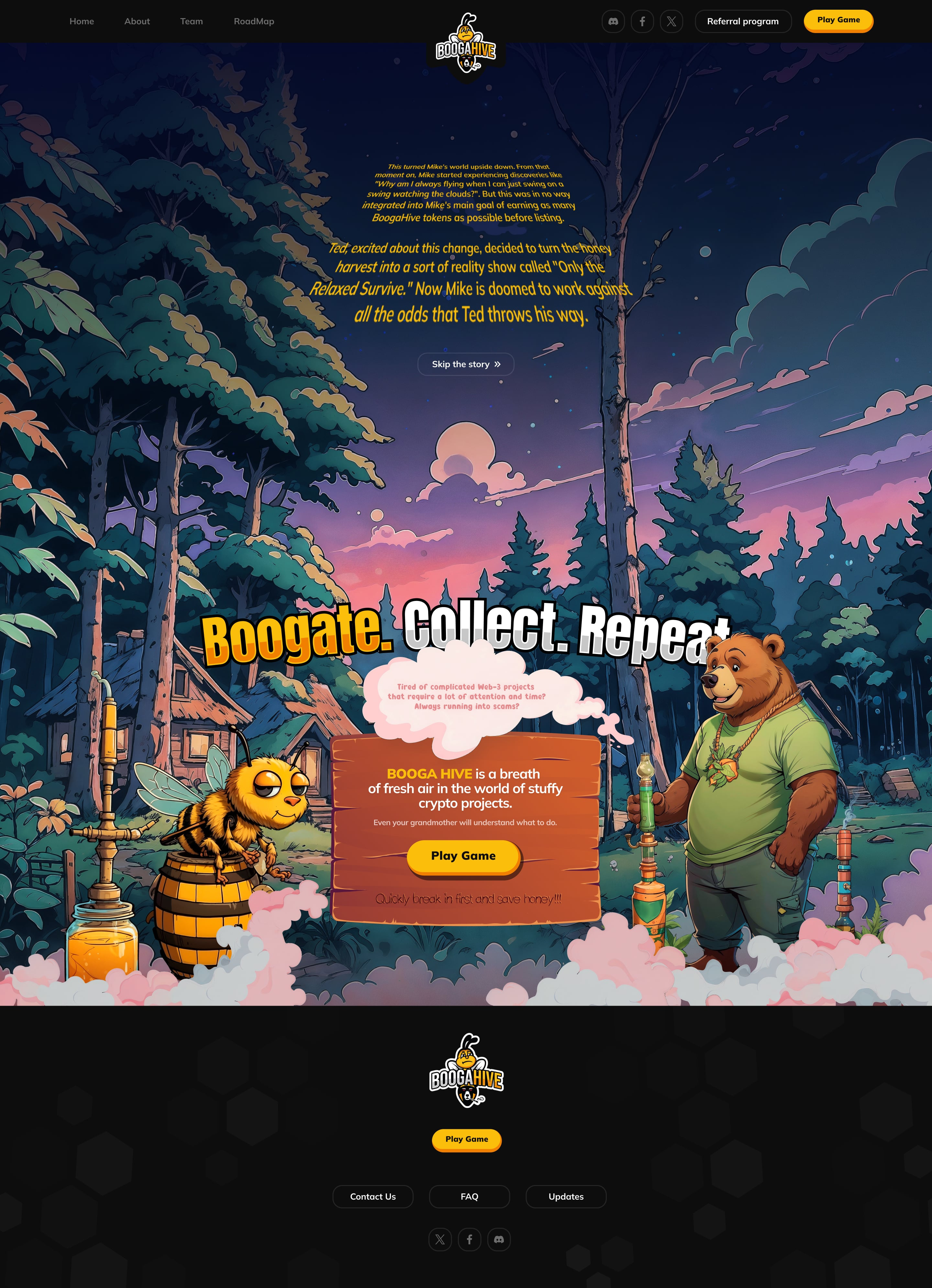 BoogaHive – Main page blockchain design boogahive character design creative landing crypto art crypto game design inspiration gamification landing page metaverse modern web design nft game web3 web3 community web3 design