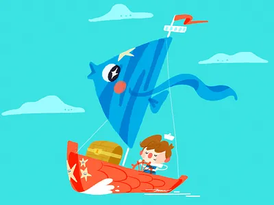 Boat boat cartoon character color cute design fish illustration ocean sail sailing treasure