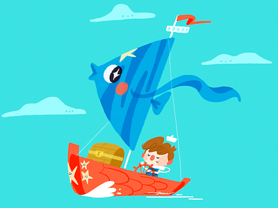 Boat boat cartoon character color cute design fish illustration ocean sail sailing treasure