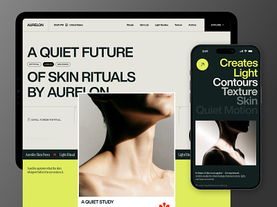 Aurelon — Skincare Futurism Landing Page big typography branding clean design editorial exploration futuristic home page landing page marketing product skin care swiss design typography uidesign web design website