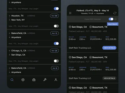 Freight Rate Comparison App Design app broker compare dark mode dark ui freight heavy ops interaction kayak load logistics mobile mobile app product design rates saas search supply chain ui ux