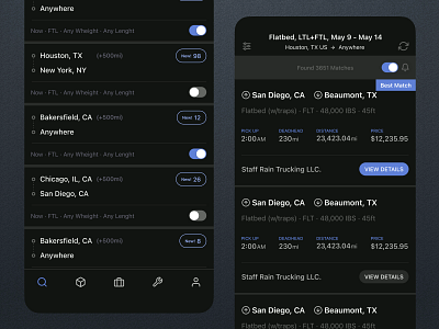 Freight Rate Comparison App Design app broker compare dark mode dark ui freight heavy ops interaction kayak load logistics mobile mobile app product design rates saas search supply chain ui ux