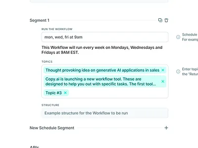 copy.ai Workflows Scheduling add ai ai native calendar copyai cta delete duplicate flat input minimal scheduling segment tag text topic ui ux workflows