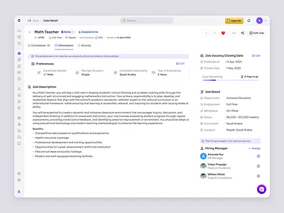 RecruitSmart — Job Information Page for School Recruitment candidate education employee hiring hr management hr system hrd hrm hrms human resource job product design saas saas design school management teacher ui ux web app web design