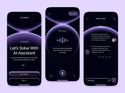 AI Powered Smart Assistant App ai ai app ai assistant ai assistant app ai chat ai chat bot app ai powered app design chat chatbot dark mode digital assistant get started interaction design mobile app smart assistant smart assistant app uiux design voice voice assistant