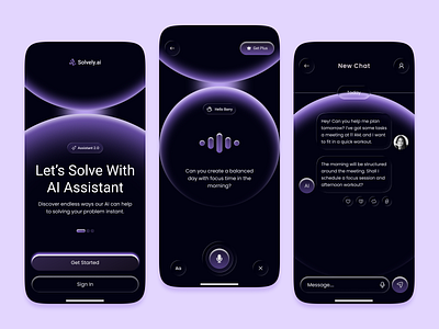 AI Powered Smart Assistant App ai ai app ai assistant ai assistant app ai chat ai chat bot app ai powered app design chat chatbot dark mode digital assistant get started interaction design mobile app smart assistant smart assistant app uiux design voice voice assistant