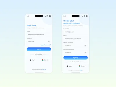 MindTrack – Login & Sign Up UI Design ai app ai idea generate ai powerd app android app design artificial intelligence chatbot data science deep learning idea management app ios login machine learning mobile ap neural network sign up smart idea management tracker app ui ux user interface