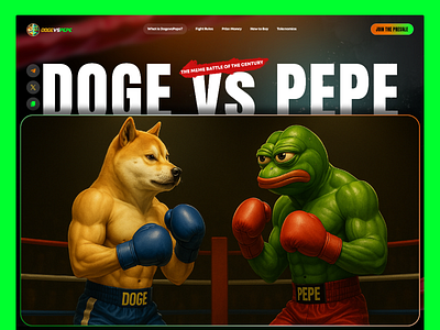Doge vs Pepe. Crypto Meme Battle Landing Page 3dart 3dillustration artdirection branding crypto cryptoart doge dogevspepe landingpage meme meme coin meme token memecoin memewars nftdesign pepe uidesign uiux web3 webdesign