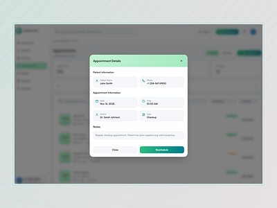 Hospital SaaS – Appointment Details & Reschedule Modal apointment system appointment modal clean ui doctor schedule healthcare app healthcare saas hospital dashboard hospital management idealrahi madical software medical crm modal design modern design patient management reshedule ui ux ui design webapp ui