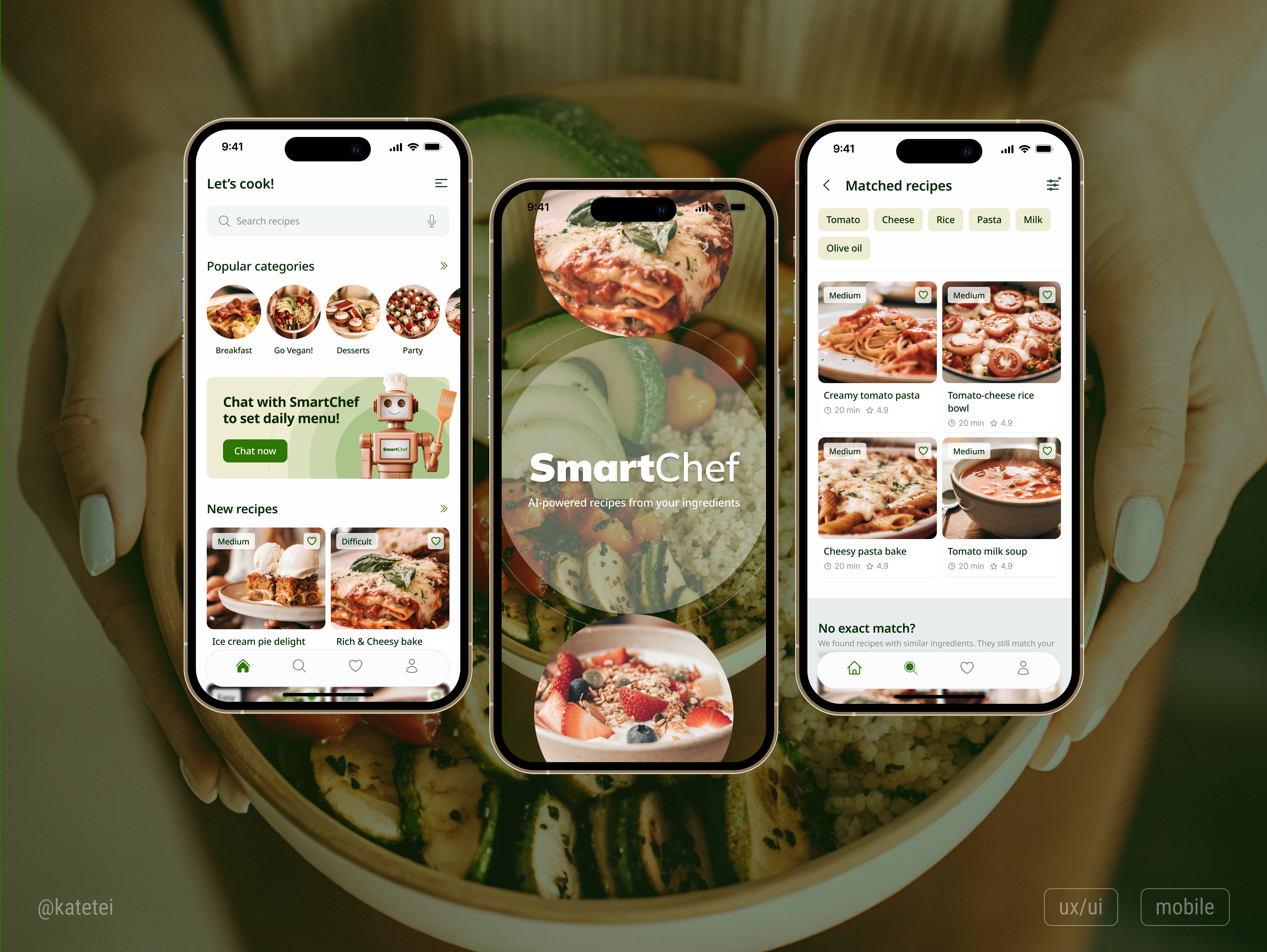 SmartChef - Welcome, Home, Search, Filters, Details, Sorting appconcept appinterface cook designinspiration filters foodapp home ingredientsearch mobileappdesign mobileui productdesign search sorting uidesign uxui welcome