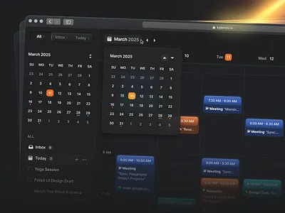 Kalendo — Dark Mode Calendar Dashboard calendar scheduling component darkmode dashboard date picker design event google calendar planner product design productivity project management saas task reminder time management ui ui design ux web app web design