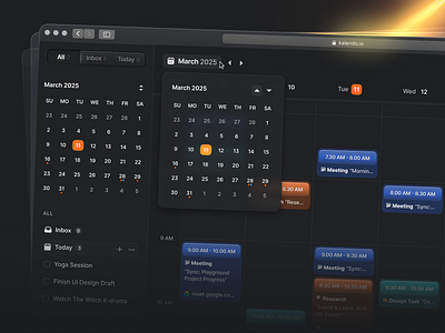 Kalendo — Dark Mode Calendar Dashboard calendar scheduling component darkmode dashboard date picker design event google calendar planner product design productivity project management saas task reminder time management ui ui design ux web app web design