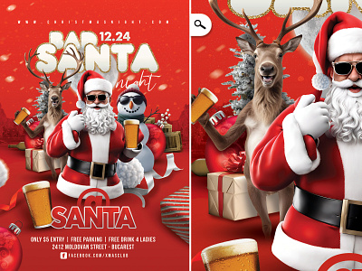 Bad Santa Christmas Night Flyer boxing day christmas club deer drinks eve evening event flyer holiday season holidays night party santa santa claus snowman special tree winter xmas