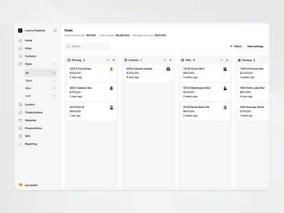 Luxury Presence | CRM (Deals) b2b saas contacts crm customer relationship management deal value deals filters forecasting kanban lead management opportunity stages pipeline real estate saas saas ui uxui web app