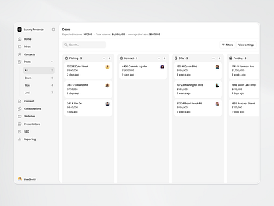Luxury Presence | CRM (Deals) b2b saas contacts crm customer relationship management deal value deals filters forecasting kanban lead management opportunity stages pipeline real estate saas saas ui uxui web app