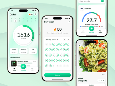 Calorie-Tracking Mobile App Design calendar calories discovery explore food green mobile app mobile design sans ui ux week wellness